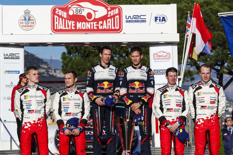 Ott Tanak, Sebastien Ogier i Jari-Matti Latvala na podium Rajdu Monte Carlo 2018